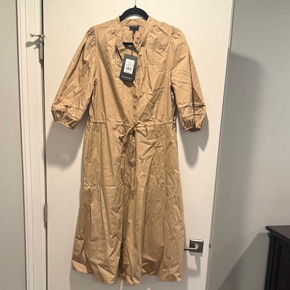 Who What Wear Tan 3/4 Length Puff Sleeve Dress with Pockets